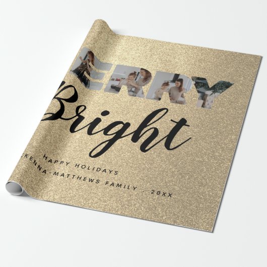 Custom Family Foto Collage Gold Glitzer Weihnachte Geschenkpapier (Ungerollt)