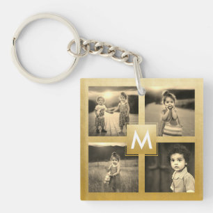 Custom Family Foto Collage Gold Monogram Sepia Schlüsselanhänger