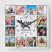 Custom Family Foto Collage Liebe Eleganter Marmor Quadratische Wanduhr (Vorderseite)