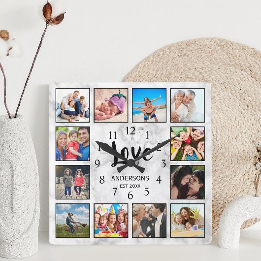 Custom Family Foto Collage Liebe Eleganter Marmor Quadratische Wanduhr