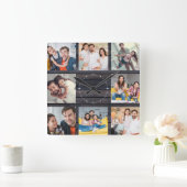 Custom Family Foto Collage Moderne Dunkle Holzschi Quadratische Wanduhr (Zuhause)