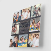 Custom Family Foto Collage Moderne Dunkle Holzschi Quadratische Wanduhr (Winkel)