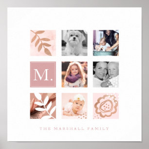 Custom Family Foto Collage Monogram Floral Theme Poster