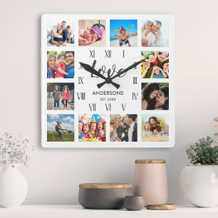 Custom Family Foto Collage Personalized White Quadratische Wanduhr