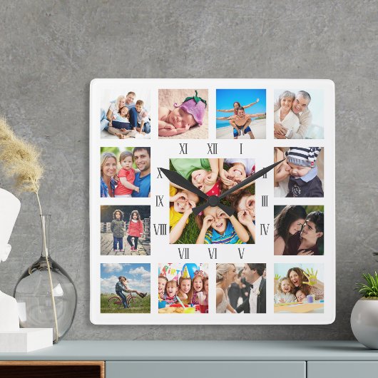 Custom Family Foto Collage Personalized White Quadratische Wanduhr