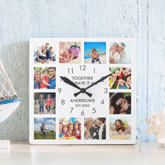 Custom Family Foto Collage Personalized White Quadratische Wanduhr