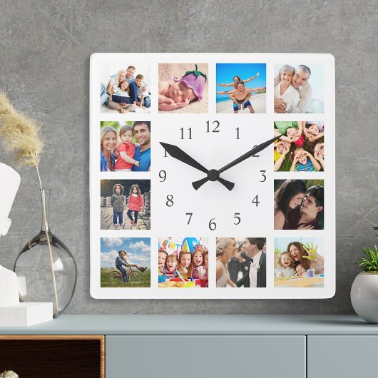 Custom Family Foto Collage Personalized White Quadratische Wanduhr