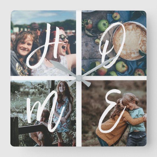 Custom Family Foto Collage Pinselschrift ZUHAUSE Quadratische Wanduhr (Vorderseite)