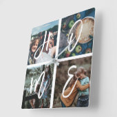 Custom Family Foto Collage Pinselschrift ZUHAUSE Quadratische Wanduhr (Winkel)