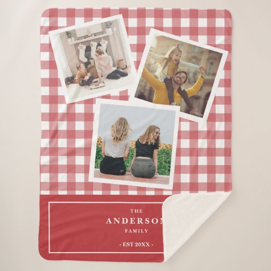 Custom Family Foto Collage Red Gingham Sherpadecke (Vorderseite)
