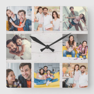 Custom Family Foto Collage Rustikales modernes Hol Quadratische Wanduhr