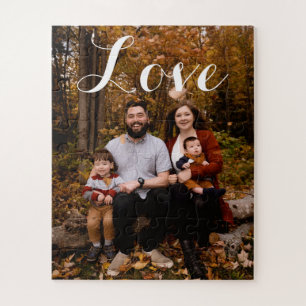 Custom Family Foto Liebe Script Calligraphy Jigsaw Puzzle