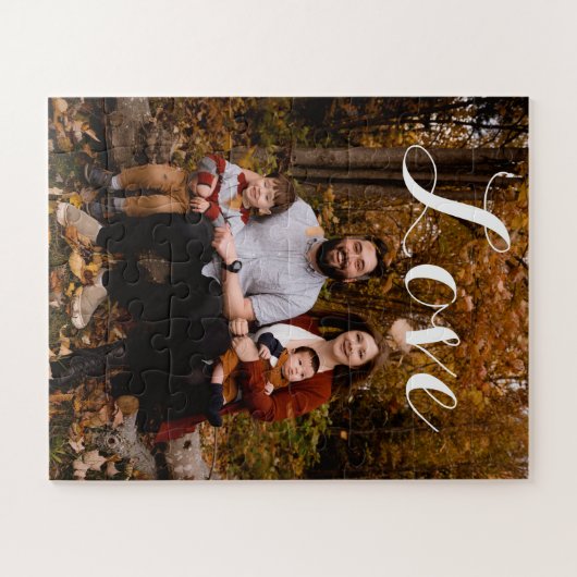 Custom Family Foto Liebe Script Calligraphy Jigsaw Puzzle (Horizontal)