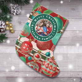 Custom Family Foto Red Green Kariert Holiday Großer Weihnachtsstrumpf