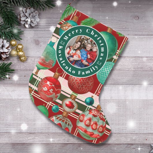 Custom Family Foto Red Green Kariert Holiday Großer Weihnachtsstrumpf
