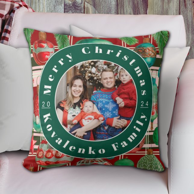 Custom Family Foto Red Green Kariert Holiday Kissen (Von Creator hochgeladen)