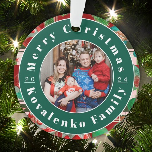Custom Family Foto Red Green Kariert Holiday Ornament