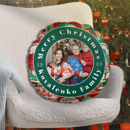 Custom Family Foto Red Green Kariert Holiday Rundes Kissen
