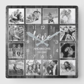 Custom Family Foto Rustic Farmhouse Liebe Script Quadratische Wanduhr (Vorderseite)