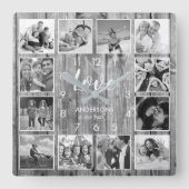 Custom Family Foto Rustic Farmhouse Liebe Script Quadratische Wanduhr (Vorderseite)