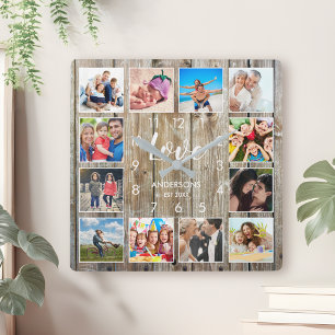 Custom Family Foto Rustic Farmhouse Liebe Script Quadratische Wanduhr