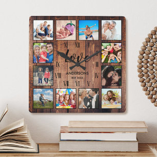 Custom Family Foto Rustic Farmhouse Liebe Script Quadratische Wanduhr