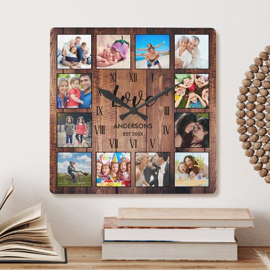 Custom Family Foto Rustic Farmhouse Liebe Script Quadratische Wanduhr