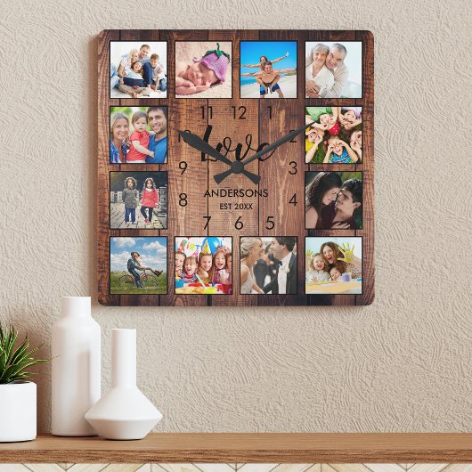 Custom Family Foto Rustic Farmhouse Liebe Script Quadratische Wanduhr