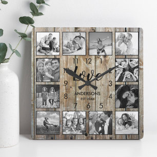 Custom Family Foto Rustic Farmhouse Liebe Script Quadratische Wanduhr