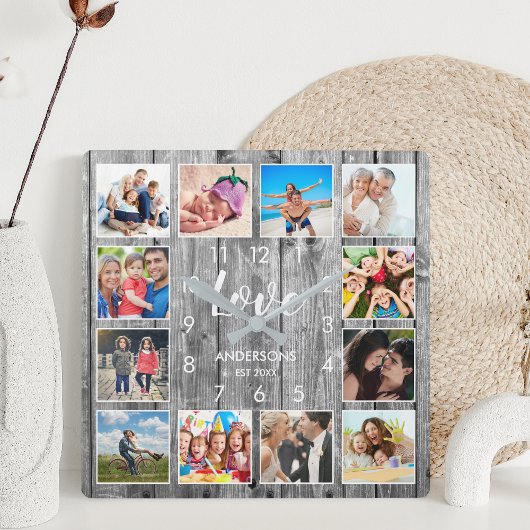 Custom Family Foto Rustic Farmhouse Liebe Script Quadratische Wanduhr