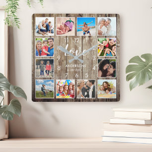 Custom Family Foto Rustic Farmhouse Liebe Script Quadratische Wanduhr
