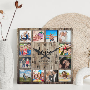 Custom Family Foto Rustic Farmhouse Liebe Script Quadratische Wanduhr