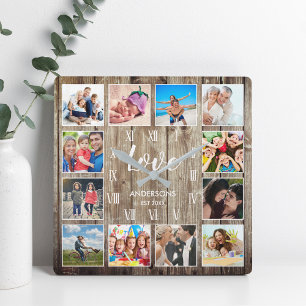 Custom Family Foto Rustic Farmhouse Liebe Script Quadratische Wanduhr