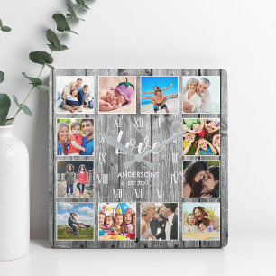 Custom Family Foto Rustic Farmhouse Liebe Script Quadratische Wanduhr