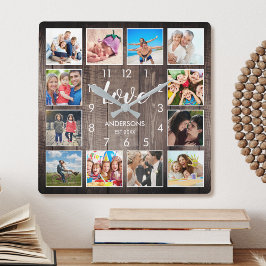 Custom Family Foto Rustic Farmhouse Liebe Script Quadratische Wanduhr