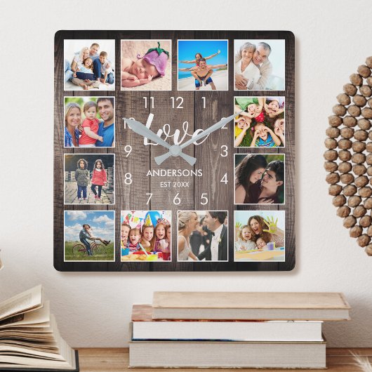 Custom Family Foto Rustic Farmhouse Liebe Script Quadratische Wanduhr