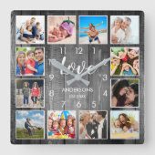 Custom Family Foto Rustic Farmhouse Liebe Script Quadratische Wanduhr (Vorderseite)