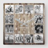 Custom Family Foto Rustic Farmhouse Liebe Script Quadratische Wanduhr (Vorderseite)