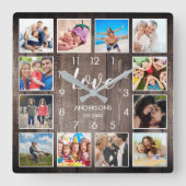 Custom Family Foto Rustic Farmhouse Liebe Script Quadratische Wanduhr (Vorderseite)