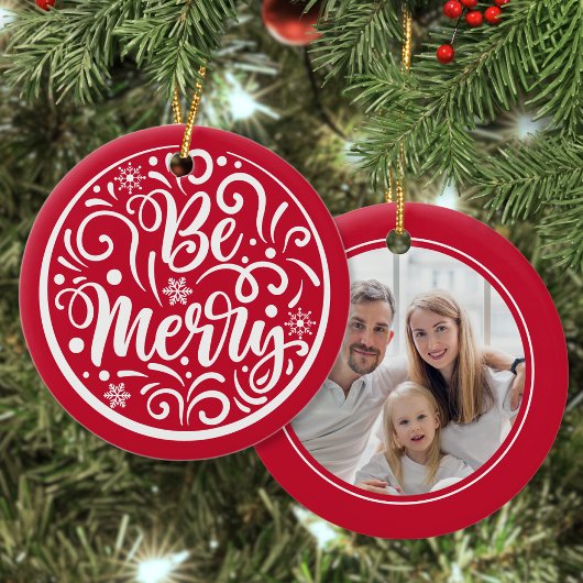 Custom Family Foto Sei froh Weihnachten Rot Keramik Ornament