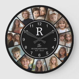 Custom Family Monogram Name Year 12 Photo Collage Große Wanduhr