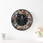 Custom Family Monogram Name Year 12 Photo Collage Große Wanduhr (Zuhause)