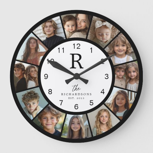 Custom Family Monogram Name Year 12 Photo Collage Große Wanduhr (Vorderseite)