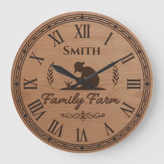 Custom Family Name Clock – Farmer Planting Scene Große Wanduhr (Vorderseite)