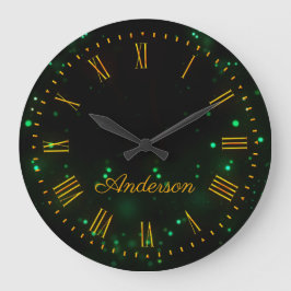 Custom Family Name Green Bokeh Lights Elegant Runde Wanduhr