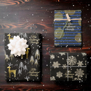 Custom Family Name Metallic Gold Weihnachtsgeschen Geschenkpapier Set
