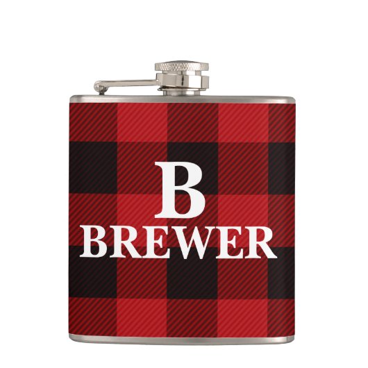 Custom Family Name Red Tartan Vinyl Flask Flachmann (Vorderseite)