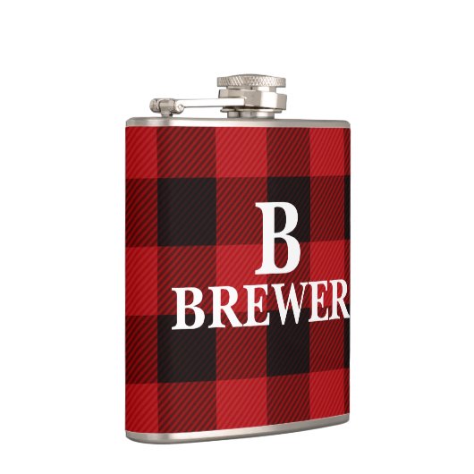 Custom Family Name Red Tartan Vinyl Flask Flachmann (Rechts)
