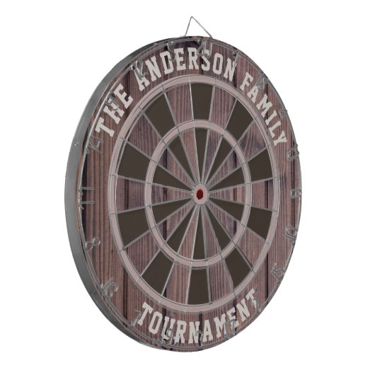 Custom Family Name Rustic Wood Look Dartboard Dartscheibe (Vorderseite Links)