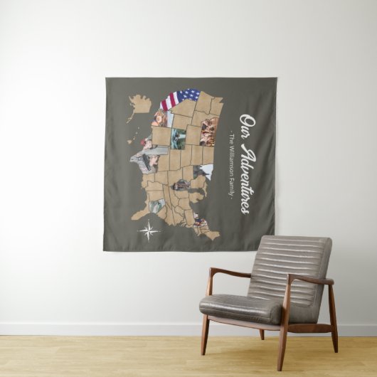 Custom Family Name Travel USA Foto Collage Green Wandteppich (Beispiel (Horizontal))